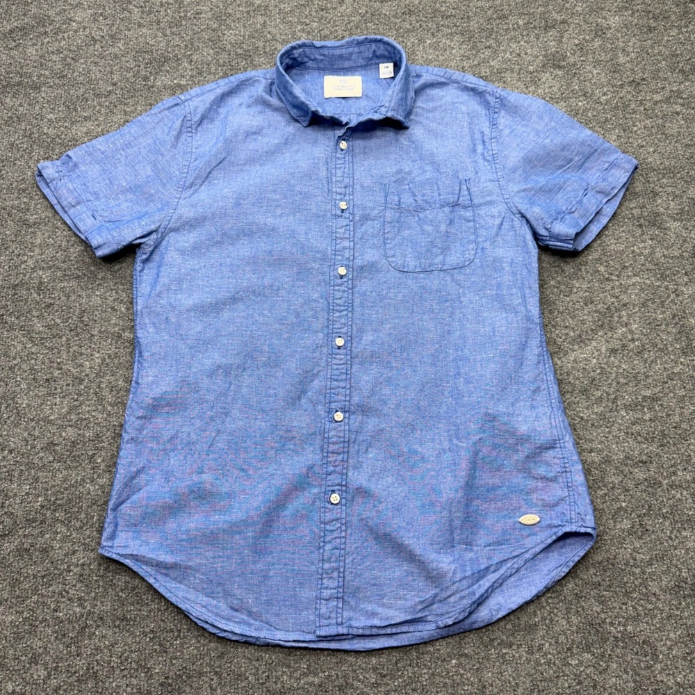 Scotch & Soda Mens Blue Cotton Linen Short Sleeve Button Down Shirt Size L